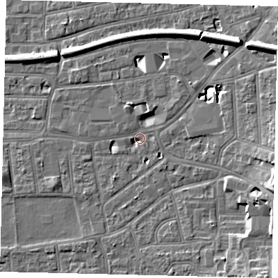 Shaded relief map of the ground around KT26QJ, computed from Environment Agency LiDAR. The ground here sits at about 9 m above sea level and falls 12 m across the surrounding 800 m. Surface water reaching this point runs off ground lying to the east-south-east, 9.6 m higher.