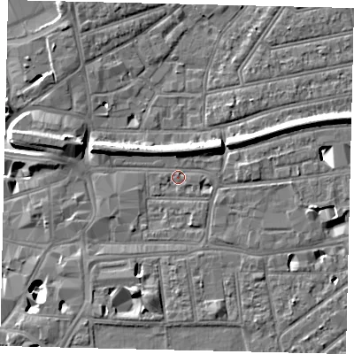 Shaded relief map of the ground around KT26RE, computed from Environment Agency LiDAR. The ground here sits at about 9 m above sea level and falls 12 m across the surrounding 800 m. Surface water reaching this point runs off ground lying to the north-north-east, 3.8 m higher.