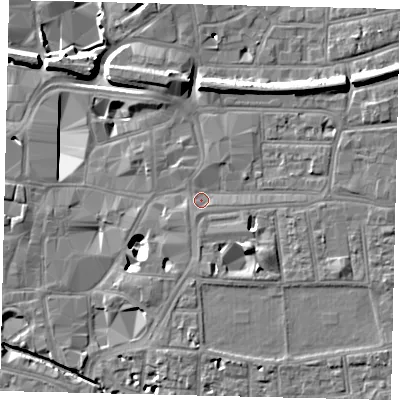 Shaded relief map of the ground around KT26SN, computed from Environment Agency LiDAR. The ground here sits at about 8 m above sea level and falls 11 m across the surrounding 800 m. Surface water reaching this point runs off ground lying to the south-east, 5.4 m higher.