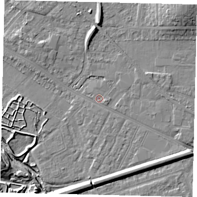 Shaded relief map of the ground around KT33FG, computed from Environment Agency LiDAR. The ground here sits at about 15 m above sea level and falls 12 m across the surrounding 800 m. Surface water reaching this point runs off ground lying to the south-east, 5.5 m higher.