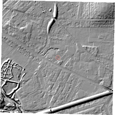 Shaded relief map of the ground around KT33FJ, computed from Environment Agency LiDAR. The ground here sits at about 15 m above sea level and falls 12 m across the surrounding 800 m. Surface water reaching this point runs off ground lying to the east-north-east, 1.8 m higher.