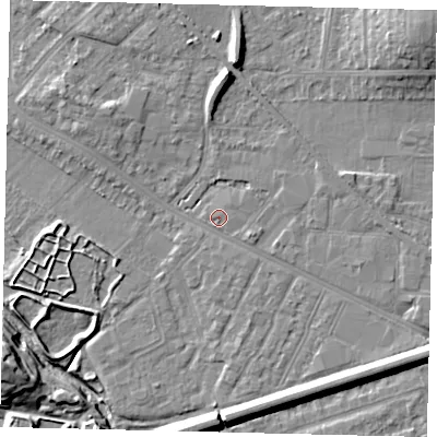 Shaded relief map of the ground around KT33FN, computed from Environment Agency LiDAR. The ground here sits at about 15 m above sea level and falls 13 m across the surrounding 800 m. Surface water reaching this point runs off ground lying to the east-north-east, 2.0 m higher.