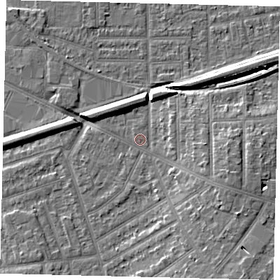 Shaded relief map of the ground around KT33JD, computed from Environment Agency LiDAR. The ground here sits at about 15 m above sea level and falls 8 m across the surrounding 800 m. Surface water reaching this point runs off ground lying to the south-east, 5.5 m higher.