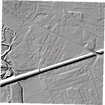 Shaded relief map of the ground around KT33LJ, computed from Environment Agency LiDAR. The ground here sits at about 15 m above sea level and falls 10 m across the surrounding 800 m. Surface water reaching this point runs off ground lying to the south-south-west, 0.8 m higher.