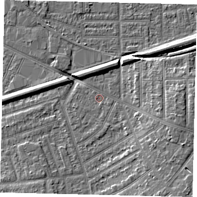 Shaded relief map of the ground around KT33ND, computed from Environment Agency LiDAR. The ground here sits at about 15 m above sea level and falls 8 m across the surrounding 800 m. Surface water reaching this point runs off ground lying to the east-south-east, 5.7 m higher.