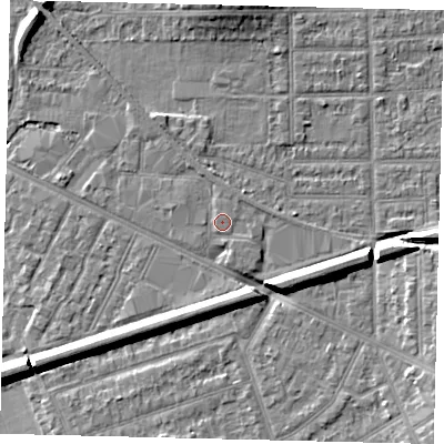 Shaded relief map of the ground around KT33NP, computed from Environment Agency LiDAR. The ground here sits at about 16 m above sea level and falls 7 m across the surrounding 800 m. Surface water reaching this point runs off ground lying to the west-north-west, 0.6 m higher.