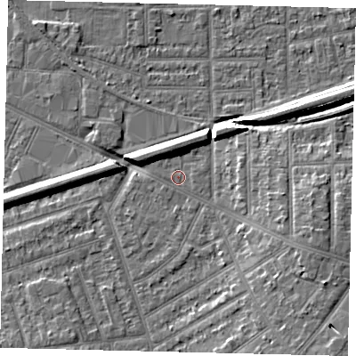 Shaded relief map of the ground around KT33NS, computed from Environment Agency LiDAR. The ground here sits at about 15 m above sea level and falls 8 m across the surrounding 800 m. Surface water reaching this point runs off ground lying to the south-east, 5.7 m higher.