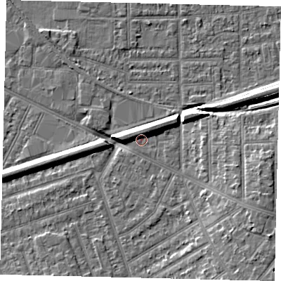 Shaded relief map of the ground around KT33NT, computed from Environment Agency LiDAR. The ground here sits at about 15 m above sea level and falls 8 m across the surrounding 800 m. Surface water reaching this point runs off ground lying to the north-north-west, 5.0 m higher.
