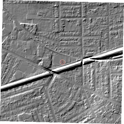 Shaded relief map of the ground around KT33NW, computed from Environment Agency LiDAR. The ground here sits at about 15 m above sea level and falls 8 m across the surrounding 800 m. Surface water reaching this point runs off ground lying to the south-east, 7.0 m higher.