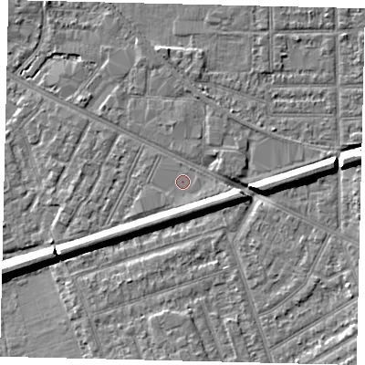 Shaded relief map of the ground around KT33RD, computed from Environment Agency LiDAR. The ground here sits at about 15 m above sea level and falls 8 m across the surrounding 800 m. Surface water reaching this point runs off ground lying to the south-south-east, 4.8 m higher.