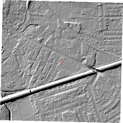 Shaded relief map of the ground around KT33RF, computed from Environment Agency LiDAR. The ground here sits at about 15 m above sea level and falls 9 m across the surrounding 800 m. Surface water reaching this point runs off ground lying to the south-south-west, 0.6 m higher.