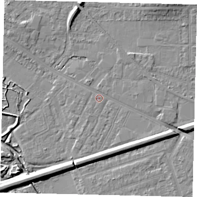 Shaded relief map of the ground around KT33RJ, computed from Environment Agency LiDAR. The ground here sits at about 15 m above sea level and falls 10 m across the surrounding 800 m. Surface water reaching this point runs off ground lying to the south-east, 5.4 m higher.