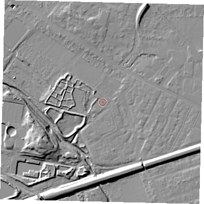 Shaded relief map of the ground around KT33RL, computed from Environment Agency LiDAR. The ground here sits at about 14 m above sea level and falls 13 m across the surrounding 800 m. Surface water reaching this point runs off ground lying to the north-west, 1.1 m higher.