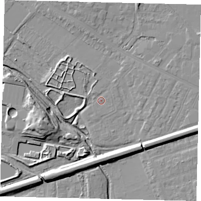 Shaded relief map of the ground around KT33RP, computed from Environment Agency LiDAR. The ground here sits at about 14 m above sea level and falls 13 m across the surrounding 800 m. Surface water reaching this point runs off ground lying to the east-south-east, 2.0 m higher.