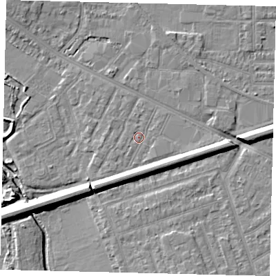 Shaded relief map of the ground around KT33RQ, computed from Environment Agency LiDAR. The ground here sits at about 15 m above sea level and falls 10 m across the surrounding 800 m. Surface water reaching this point runs off ground lying to the south-east, 5.0 m higher.