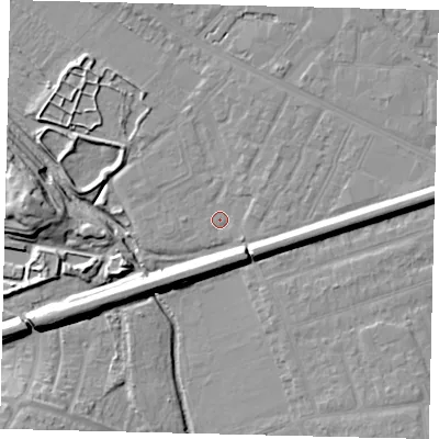 Shaded relief map of the ground around KT33RR, computed from Environment Agency LiDAR. The ground here sits at about 14 m above sea level and falls 13 m across the surrounding 800 m. Surface water reaching this point runs off ground lying to the east, 1.8 m higher.