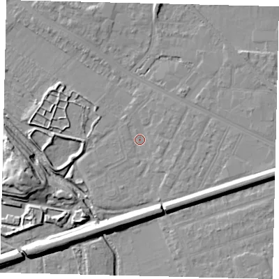 Shaded relief map of the ground around KT33RS, computed from Environment Agency LiDAR. The ground here sits at about 14 m above sea level and falls 13 m across the surrounding 800 m. Surface water reaching this point runs off ground lying to the east-south-east, 2.0 m higher.