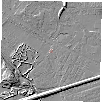 Shaded relief map of the ground around KT33RU, computed from Environment Agency LiDAR. The ground here sits at about 15 m above sea level and falls 13 m across the surrounding 800 m. Surface water reaching this point runs off ground lying to the east-south-east, 1.1 m higher.