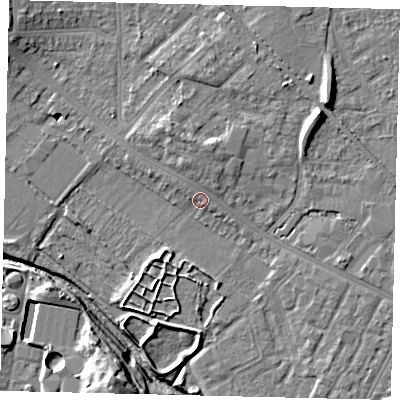 Shaded relief map of the ground around KT33RX, computed from Environment Agency LiDAR. The ground here sits at about 15 m above sea level and falls 13 m across the surrounding 800 m. Surface water reaching this point runs off ground lying to the north-north-west, 1.7 m higher.