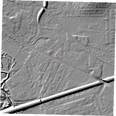 Shaded relief map of the ground around KT33SS, computed from Environment Agency LiDAR. The ground here sits at about 15 m above sea level and falls 11 m across the surrounding 800 m. Surface water reaching this point runs off ground lying to the south-east, 5.3 m higher.
