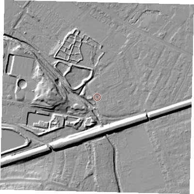 Shaded relief map of the ground around KT33TB, computed from Environment Agency LiDAR. The ground here sits at about 14 m above sea level and falls 13 m across the surrounding 800 m. Surface water reaching this point runs off ground lying to the west-south-west, 1.9 m higher.