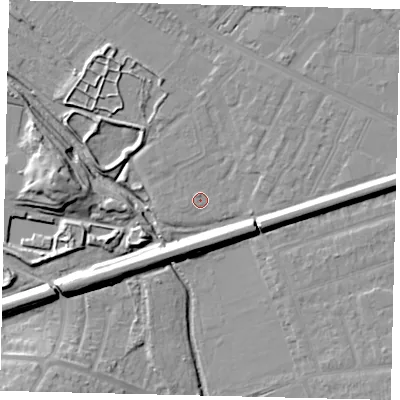 Shaded relief map of the ground around KT33TE, computed from Environment Agency LiDAR. The ground here sits at about 14 m above sea level and falls 14 m across the surrounding 800 m. Surface water reaching this point runs off ground lying to the east, 1.8 m higher.