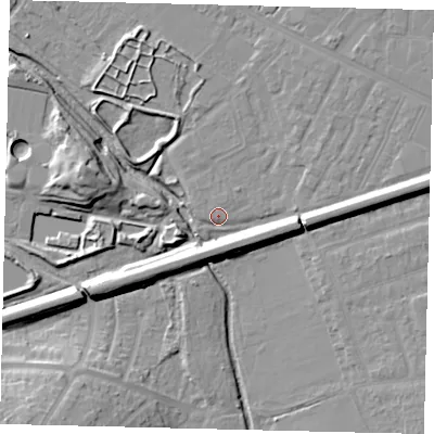 Shaded relief map of the ground around KT33TF, computed from Environment Agency LiDAR. The ground here sits at about 14 m above sea level and falls 16 m across the surrounding 800 m. Surface water reaching this point runs off ground lying to the east, 3.0 m higher.