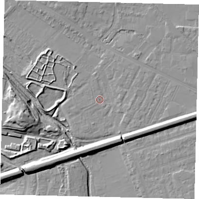 Shaded relief map of the ground around KT33TG, computed from Environment Agency LiDAR. The ground here sits at about 14 m above sea level and falls 13 m across the surrounding 800 m. Surface water reaching this point runs off ground lying to the east, 2.0 m higher.