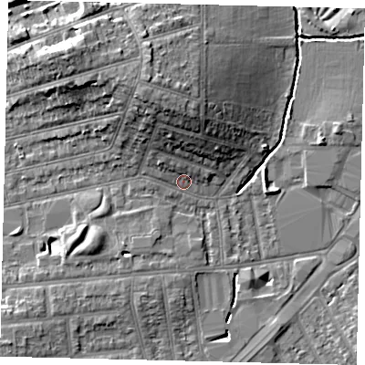 Shaded relief map of the ground around KT34AL, computed from Environment Agency LiDAR. The ground here sits at about 16 m above sea level and falls 14 m across the surrounding 800 m. Surface water reaching this point runs off ground lying to the north-west, 2.8 m higher.