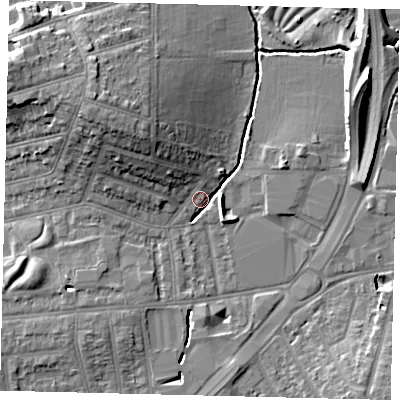 Shaded relief map of the ground around KT34AR, computed from Environment Agency LiDAR. The ground here sits at about 15 m above sea level and falls 14 m across the surrounding 800 m. Surface water reaching this point runs off ground lying to the east-south-east, 4.4 m higher.
