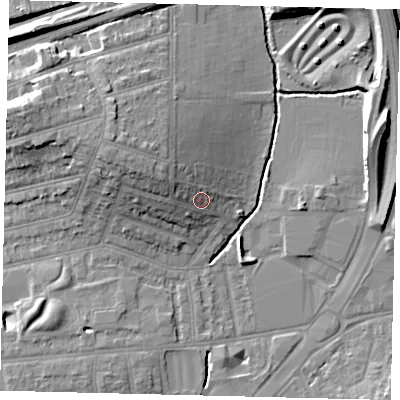 Shaded relief map of the ground around KT34AT, computed from Environment Agency LiDAR. The ground here sits at about 19 m above sea level and falls 14 m across the surrounding 800 m. Surface water reaching this point runs off ground lying to the west-north-west, 5.0 m higher.