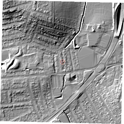 Shaded relief map of the ground around KT34AW, computed from Environment Agency LiDAR. The ground here sits at about 15 m above sea level and falls 14 m across the surrounding 800 m. Surface water reaching this point runs off ground lying to the south-south-west, 0.7 m higher.
