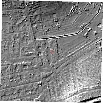 Shaded relief map of the ground around KT34LB, computed from Environment Agency LiDAR. The ground here sits at about 13 m above sea level and falls 13 m across the surrounding 800 m. Surface water reaching this point runs off ground lying to the south-south-west, 1.1 m higher.