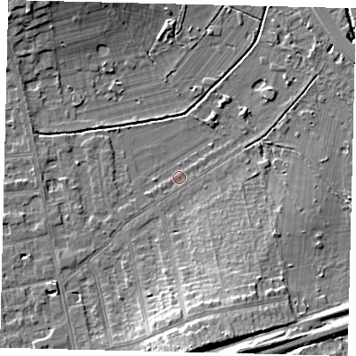 Shaded relief map of the ground around KT34LE, computed from Environment Agency LiDAR. The ground here sits at about 13 m above sea level and falls 14 m across the surrounding 800 m. Surface water reaching this point runs off ground lying to the south, 10.8 m higher.