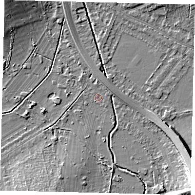Shaded relief map of the ground around KT34LG, computed from Environment Agency LiDAR. The ground here sits at about 13 m above sea level and falls 13 m across the surrounding 800 m. Surface water reaching this point runs off ground lying to the south-east, 12.0 m higher.