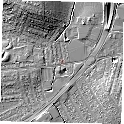 Shaded relief map of the ground around KT34LU, computed from Environment Agency LiDAR. The ground here sits at about 15 m above sea level and falls 14 m across the surrounding 800 m. Surface water reaching this point runs off ground lying to the west-south-west, 4.6 m higher.