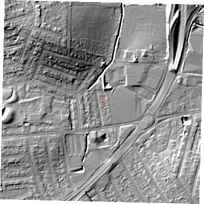 Shaded relief map of the ground around KT34LY, computed from Environment Agency LiDAR. The ground here sits at about 14 m above sea level and falls 14 m across the surrounding 800 m. Surface water reaching this point runs off ground lying to the south-west, 4.6 m higher.
