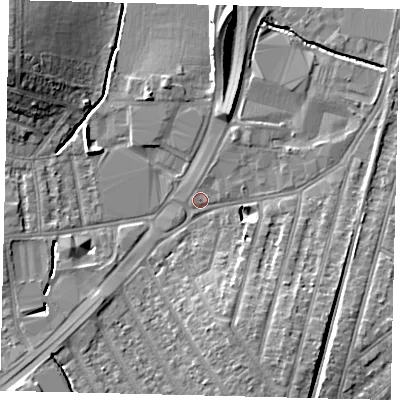 Shaded relief map of the ground around KT34NA, computed from Environment Agency LiDAR. The ground here sits at about 14 m above sea level and falls 12 m across the surrounding 800 m. Surface water reaching this point runs off ground lying to the south-east, 8.0 m higher.