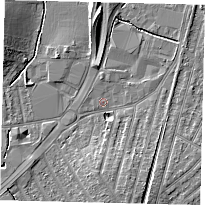 Shaded relief map of the ground around KT34NB, computed from Environment Agency LiDAR. The ground here sits at about 15 m above sea level and falls 11 m across the surrounding 800 m. Surface water reaching this point runs off ground lying to the south-south-east, 8.0 m higher.