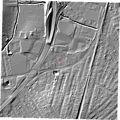 Shaded relief map of the ground around KT34ND, computed from Environment Agency LiDAR. The ground here sits at about 14 m above sea level and falls 11 m across the surrounding 800 m. Surface water reaching this point runs off ground lying to the south-south-east, 8.0 m higher.