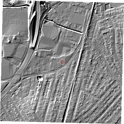 Shaded relief map of the ground around KT34NE, computed from Environment Agency LiDAR. The ground here sits at about 15 m above sea level and falls 11 m across the surrounding 800 m. Surface water reaching this point runs off ground lying to the south, 5.2 m higher.