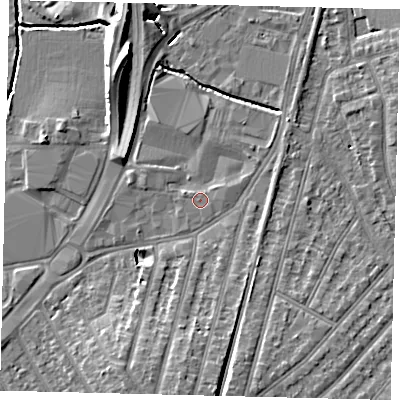 Shaded relief map of the ground around KT34NF, computed from Environment Agency LiDAR. The ground here sits at about 15 m above sea level and falls 11 m across the surrounding 800 m. Surface water reaching this point runs off ground lying to the east-north-east, 1.1 m higher.