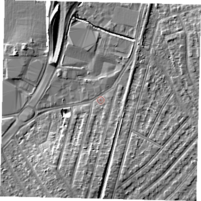 Shaded relief map of the ground around KT34NL, computed from Environment Agency LiDAR. The ground here sits at about 15 m above sea level and falls 11 m across the surrounding 800 m. Surface water reaching this point runs off ground lying to the south, 5.3 m higher.
