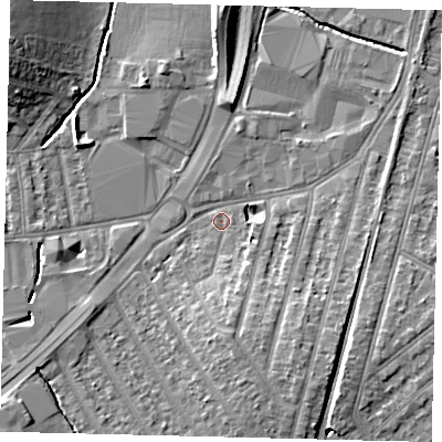 Shaded relief map of the ground around KT34NP, computed from Environment Agency LiDAR. The ground here sits at about 14 m above sea level and falls 10 m across the surrounding 800 m. Surface water reaching this point runs off ground lying to the south-east, 8.0 m higher.