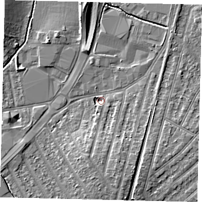 Shaded relief map of the ground around KT34NW, computed from Environment Agency LiDAR. The ground here sits at about 14 m above sea level and falls 10 m across the surrounding 800 m. Surface water reaching this point runs off ground lying to the south-south-east, 5.6 m higher.