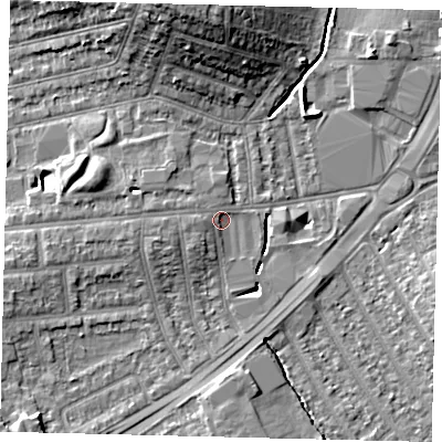 Shaded relief map of the ground around KT34PA, computed from Environment Agency LiDAR. The ground here sits at about 15 m above sea level and falls 13 m across the surrounding 800 m. Surface water reaching this point runs off ground lying to the west-south-west, 2.0 m higher.