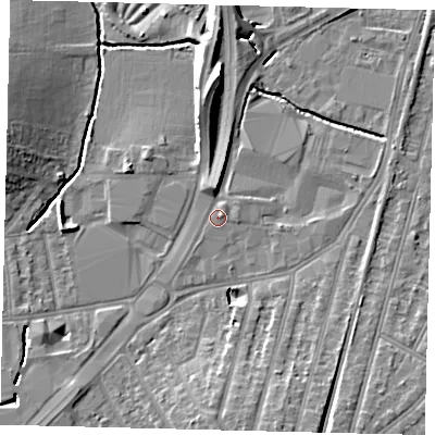 Shaded relief map of the ground around KT34PB, computed from Environment Agency LiDAR. The ground here sits at about 15 m above sea level and falls 11 m across the surrounding 800 m. Surface water reaching this point runs off ground lying to the south-south-east, 0.7 m higher.