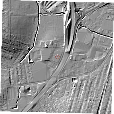 Shaded relief map of the ground around KT34PH, computed from Environment Agency LiDAR. The ground here sits at about 14 m above sea level and falls 13 m across the surrounding 800 m. The ground contributing surface water to this point lies to the north-north-east.