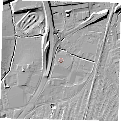 Shaded relief map of the ground around KT34PJ, computed from Environment Agency LiDAR. The ground here sits at about 15 m above sea level and falls 13 m across the surrounding 800 m. Surface water reaching this point runs off ground lying to the east-south-east, 3.3 m higher.