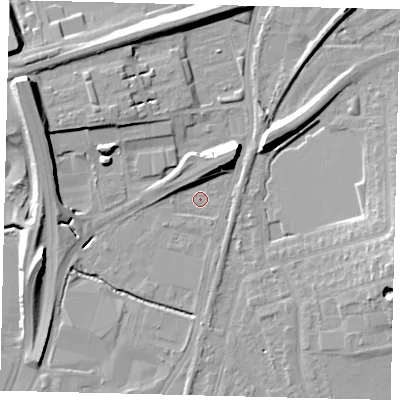 Shaded relief map of the ground around KT34PP, computed from Environment Agency LiDAR. The ground here sits at about 14 m above sea level and falls 15 m across the surrounding 800 m. Surface water reaching this point runs off ground lying to the west-north-west, 11.6 m higher.